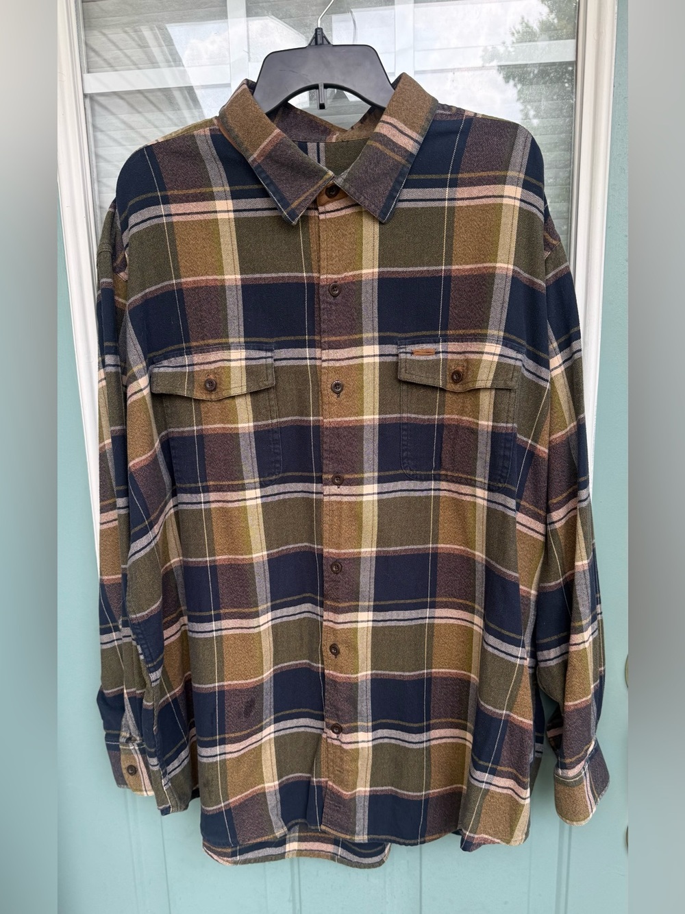 Orvis Men’s XXL Heavyweight Flannel Shirt Olive Green Plaid 100% Cotton Hiking